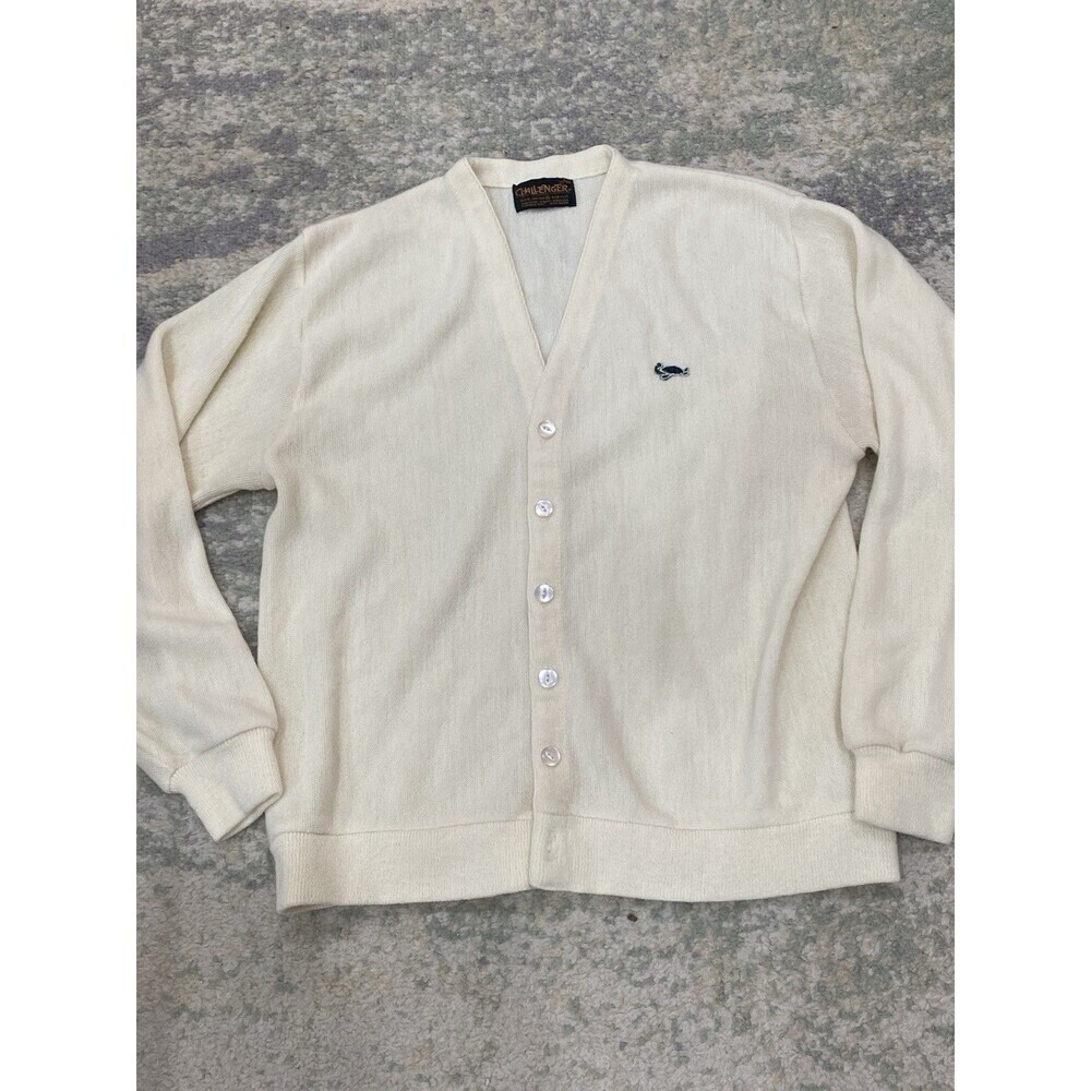 Vintage 60s 70s Sweater Mens L Turtle Logo Challenger Cream Rockabilly Cardigan